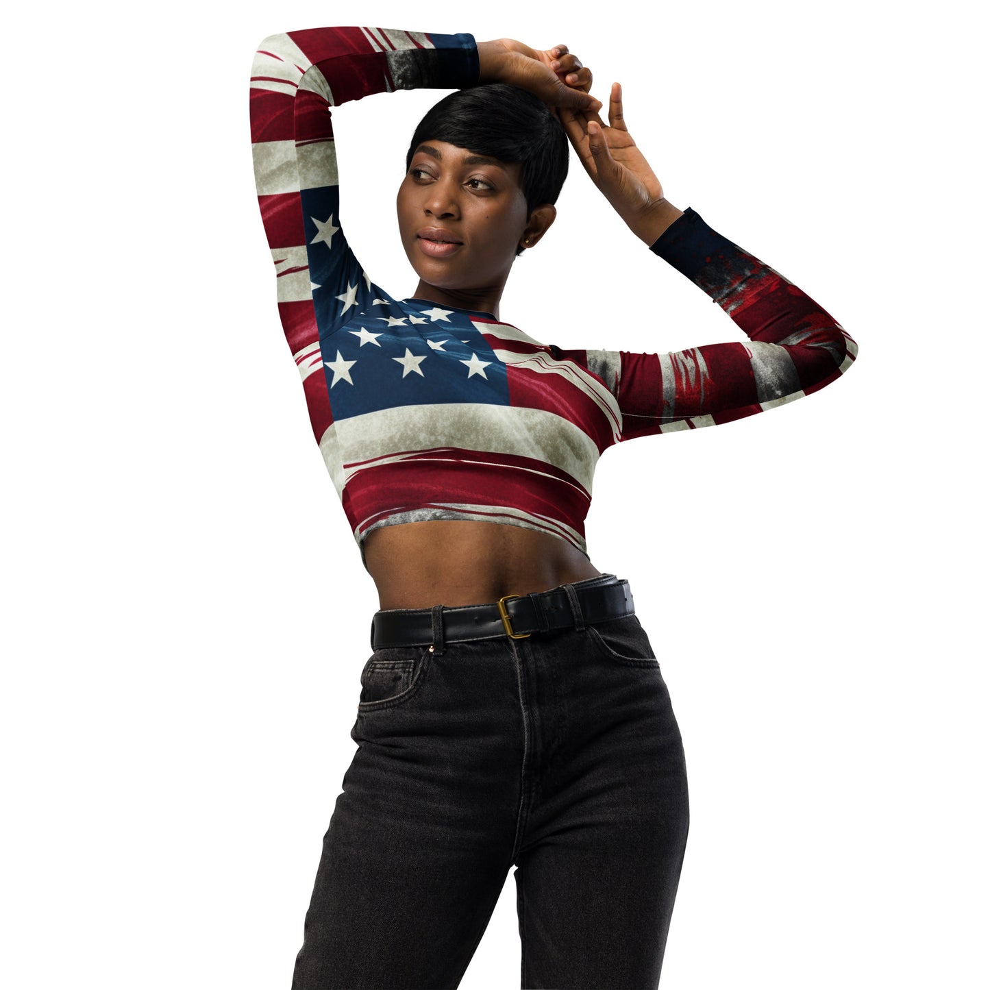 Recyceltes Langarm Crop Top US Flag